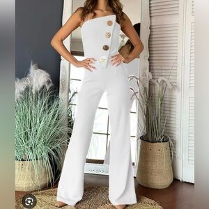 White Strapless Corset Wide Leg Jumpsuit Gold Button Detail Boutique